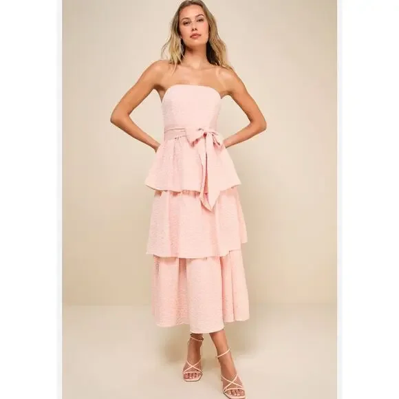 Lulus | Dresses | Lulus Truly Marvelous Blush Pink Jacquard Strapless  Tiered Midi Dress | Poshmark